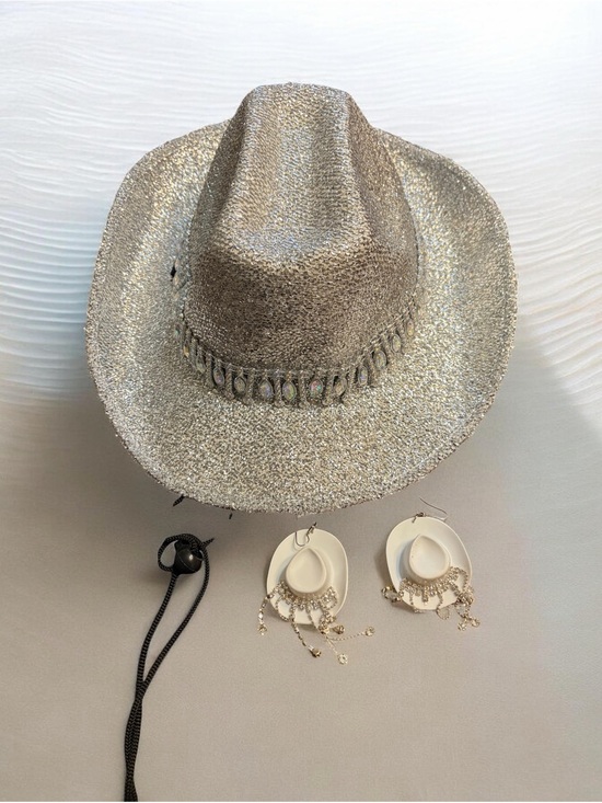 Accessories - Metallic Silver Straw Cowboy Hat - Women's Fashion Hat and earrings